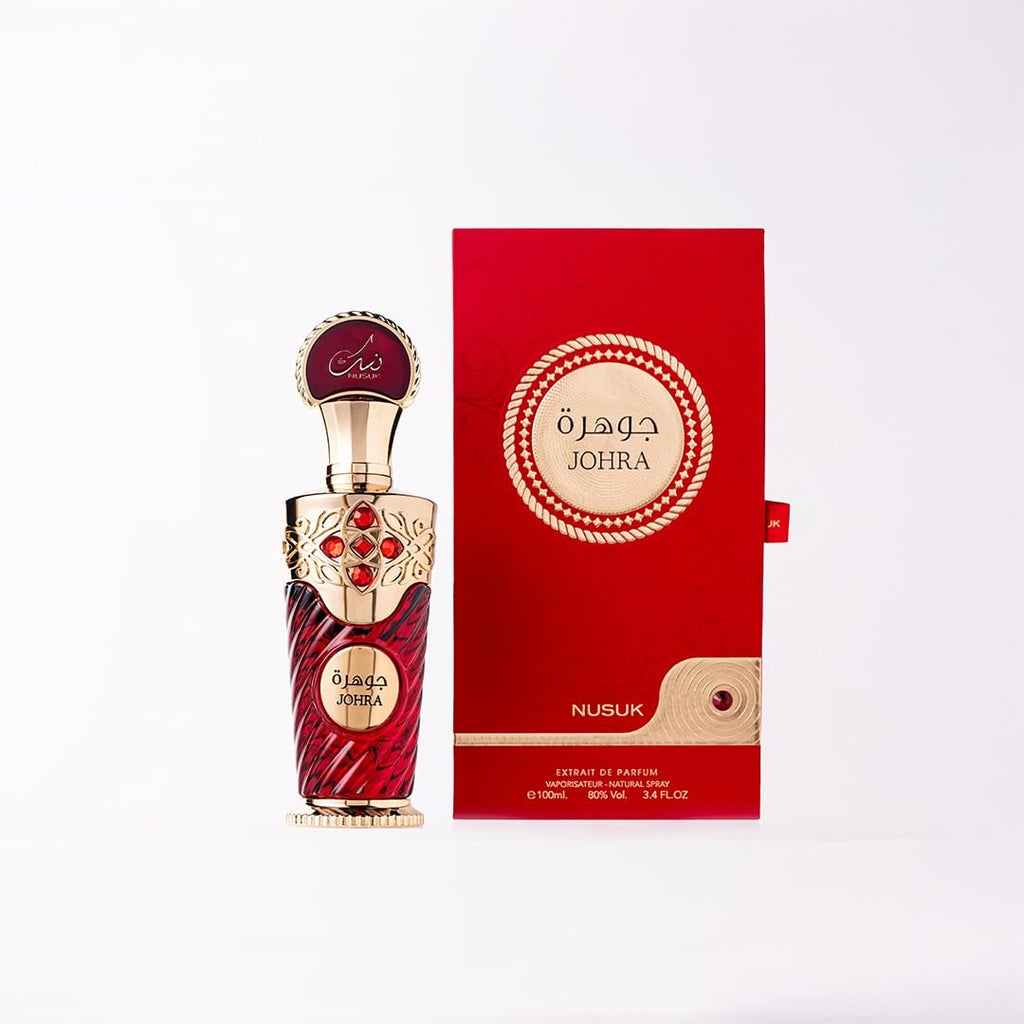 Nusuk Johra Extrait De Parfum - Unisex Long Lasting Perfume Hibiscus, Vanilla & Amber Fragrance Elegant Day-to-Night Scent Spray Glass Bottle 100ml