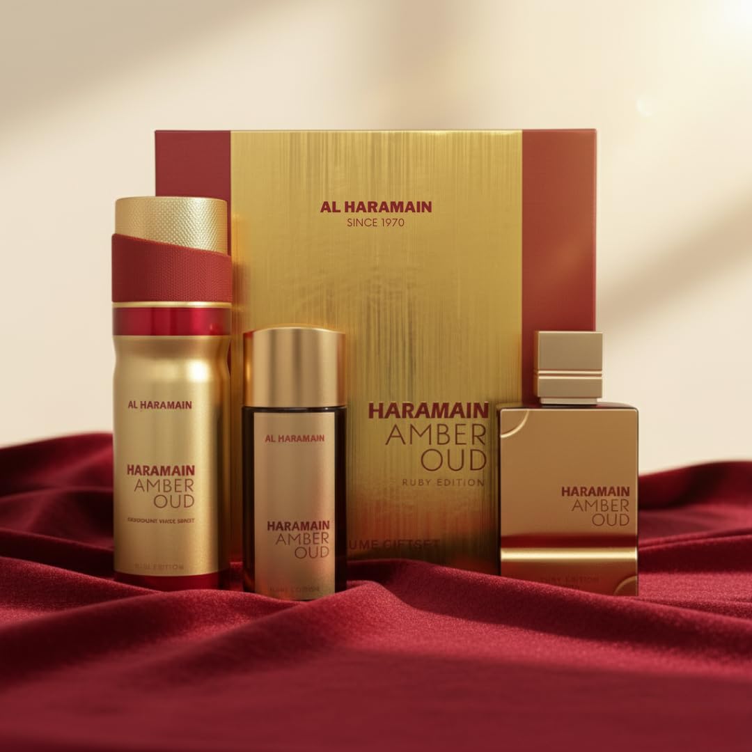 Amber Oud - Ruby Edition by Al Haramain for Unisex Adult - 3 Pc Gift Set 2.5oz, 1oz, 6.6oz