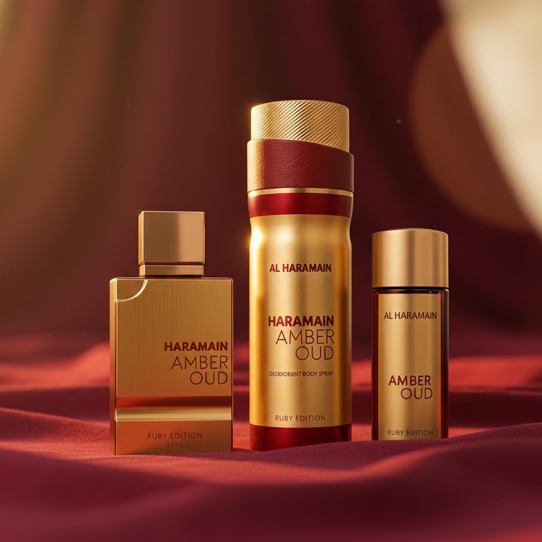 Amber Oud - Ruby Edition by Al Haramain for Unisex Adult - 3 Pc Gift Set 2.5oz, 1oz, 6.6oz