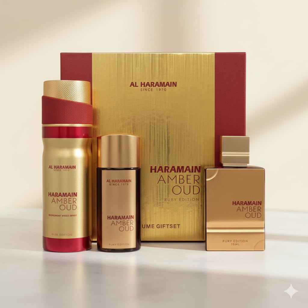 Amber Oud - Ruby Edition by Al Haramain for Unisex Adult - 3 Pc Gift Set 2.5oz, 1oz, 6.6oz