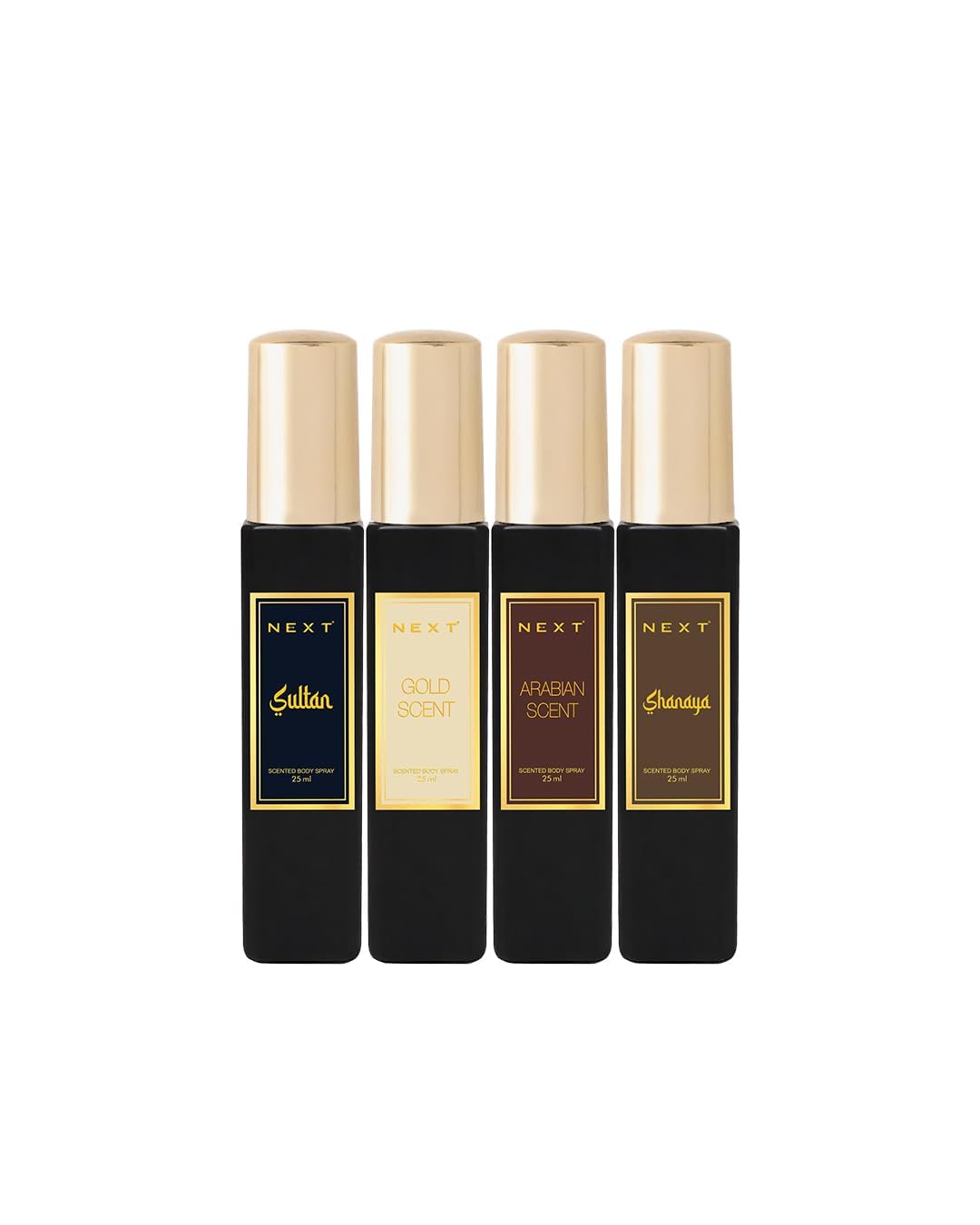 Next Care Sultan, Arabian Scent, Gold Scent & Shanaya Eau de Parfum – 25 ml Each (Pack of 4) | Long Lasting Scented Body Spray Set with Mineral Woody, Oud Rich Spicy, Amber & Floral Notes |
