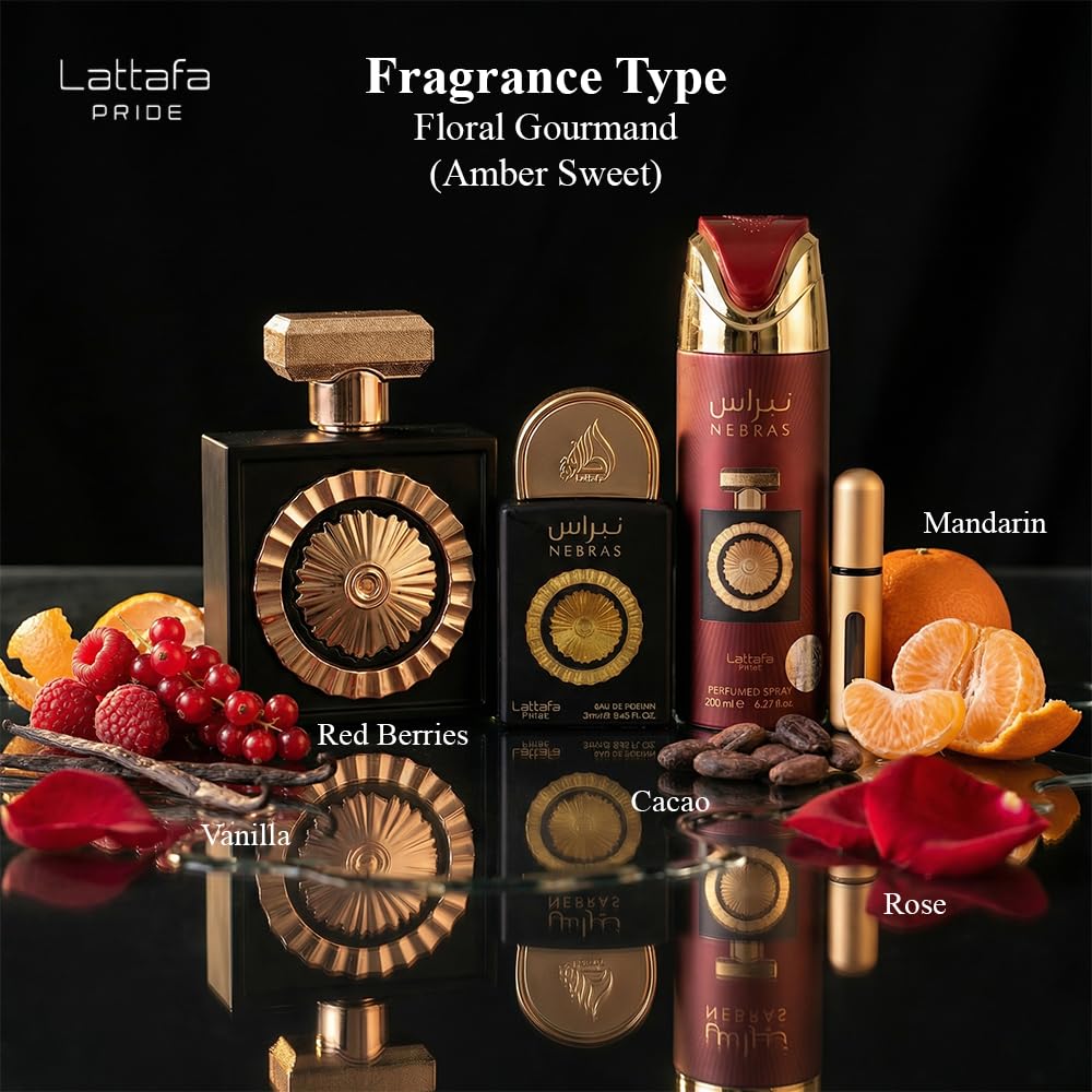 Lattafa Pride Nebras – Fruity, Sweet, Vanilla, Amber – 3-Piece Gift Set for Unisex (3.4 Ounce Eau de Parfum Spray + 0.65 Ounce Eau de Parfum Spray + 6.67 Ounce Deodorant Spray)