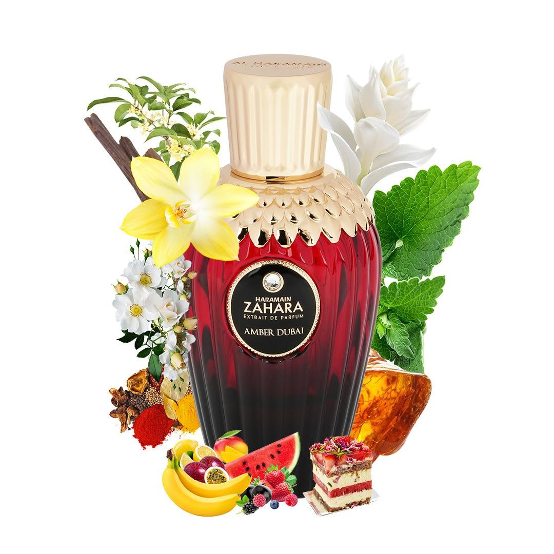Al Haramain Zahara Amber Dubai - Luxurious Extrait De Parfum Spray - Floral Fragrance with Vanilla, Amber, Patchouli - Perfume for Women - 3.33 oz