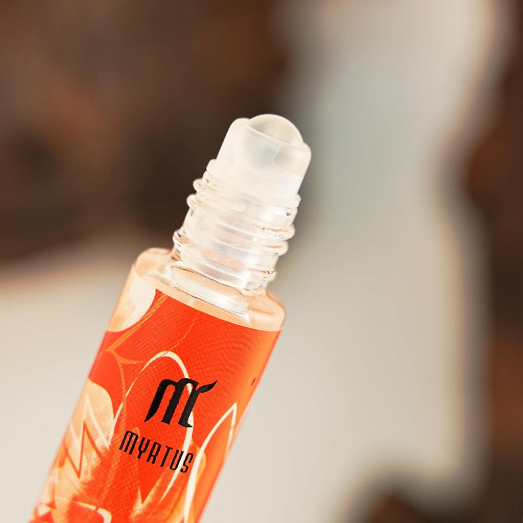 MYRTUS Long Lasting Perfume for Women, 0.33 fl.oz Gourmand Oriental Fragrance in Glass Bottle, Portable Roll On Eau de Parfum for Day & Night Alcohol Free Perfumes
