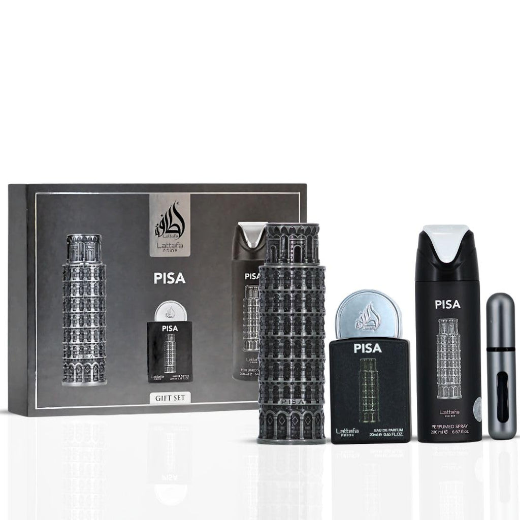 Lattafa Pride Pisa 3-Piece Gift Sets – Long Lasting Arabian Perfume For Men – Eau De Parfum & Perfumed Spray – Mediterranean Inspired Perfume Men With Citrus & Amber Notes - Premium Gift Box