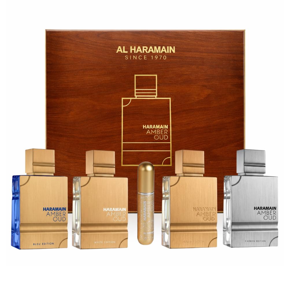 Al Haramain Amber Oud Collection - Gold, Blue, White, Carbon - 4 x 60ml (2.0 oz) EDP Spray - Luxury Unisex Cologne & Perfume Gift Set for Men & Women - Long-Lasting Arabian Fragrance (Bundle)