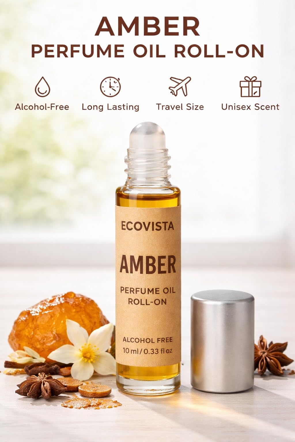 Ecovista Amber Perfume Oil Roll-On, Alcohol-Free Fragrance, Long Lasting Unisex Attar, 10ml (0.33 fl oz)