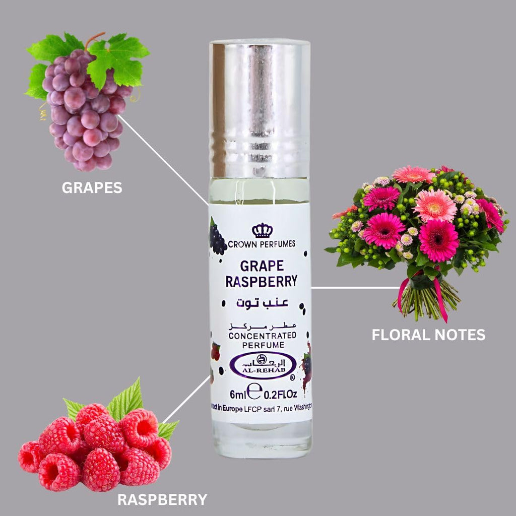 Al-Rehab Grape Raspberry Arabian Perfume Oils for Women 6ML (0.2 OZ) Fragrance Oil - Fruity, Floral & Sweet Concentrated Perfume Oil for a Long-Lasting, Vibrant Scent, Exotic Arabian Fragrance Essence