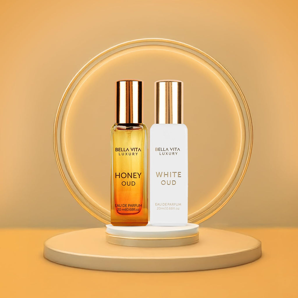 BellaVita Luxury Honey OUD & White OUD Travel Size Edition (20 ml) Perfume | Long-Lasting Mini Perfumes | Notes: Patchouli, Honey, Musk & Amber Notes | Pocket Size Perfume