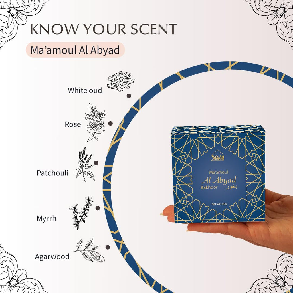 Maamoul al Abyad Bakhoor by Dukhni | 40 Grams White Oud Bakhoor Incense | White Oudh Blend | Luxurious Bakhour for Prayer Time, to Relax & Meditate | Handmade Islamic Gifts for Men & Women