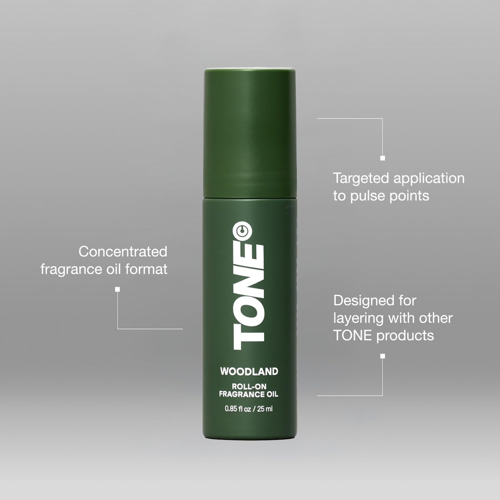 TONE Fragrance Oil - Woodland | Roll-on | Notes of Oud, Leather, and Sandalwood | Perfume Cologne Oil | Travel Size, 0.85 oz