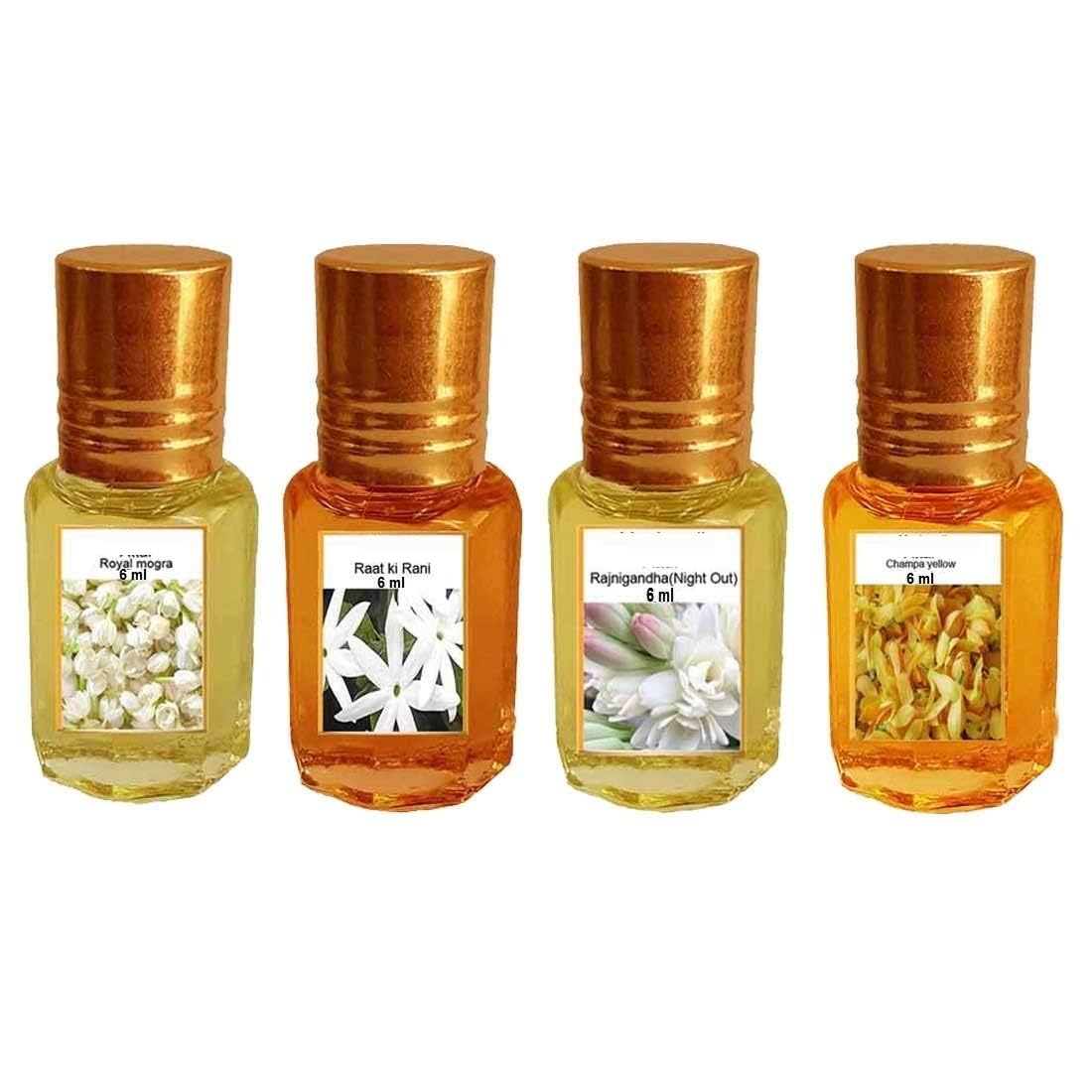 Royal Mogra, Raat Ki Rani, Rajnigandha & Champa Perfume Floral Attar, 6 Ml each (Pack Of 4)