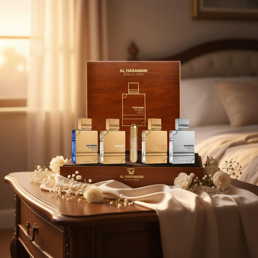Al Haramain Amber Oud Collection - Gold, Blue, White, Carbon - 4 x 60ml (2.0 oz) EDP Spray - Luxury Unisex Cologne & Perfume Gift Set for Men & Women - Long-Lasting Arabian Fragrance (Bundle)
