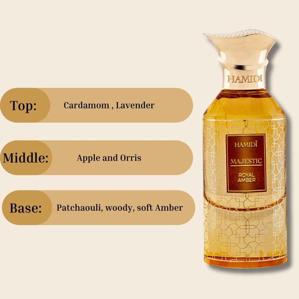 Hamidi MAJESTIC ROYAL AMBER Arabian Perfumes for Women & Men, Long Lasting Perfume Spray 85ML (2.8 OZ), Unisex Perfume, Luxurious Eau De Parfum - Allure & Elegance in Every Spray