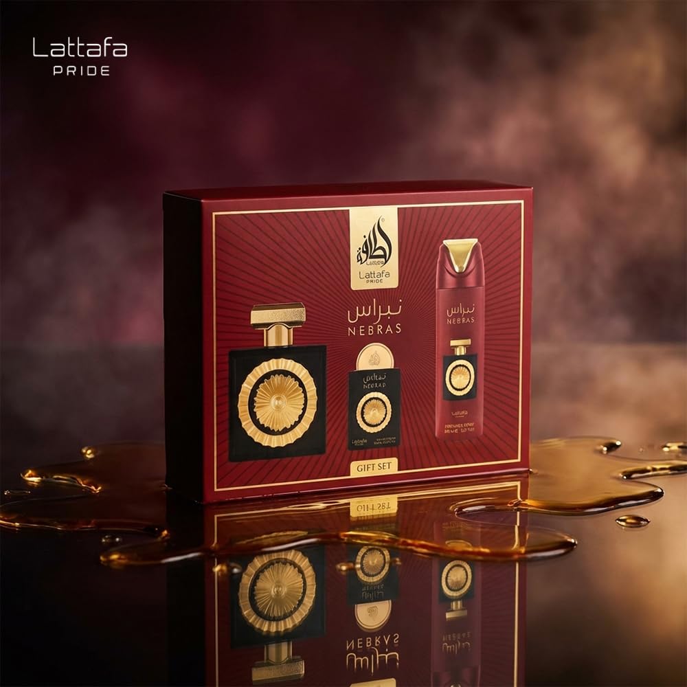 Lattafa Pride Nebras – Fruity, Sweet, Vanilla, Amber – 3-Piece Gift Set for Unisex (3.4 Ounce Eau de Parfum Spray + 0.65 Ounce Eau de Parfum Spray + 6.67 Ounce Deodorant Spray)