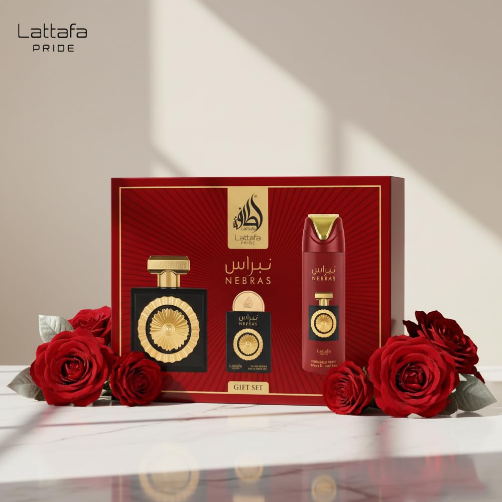 Lattafa Pride Nebras – Fruity, Sweet, Vanilla, Amber – 3-Piece Gift Set for Unisex (3.4 Ounce Eau de Parfum Spray + 0.65 Ounce Eau de Parfum Spray + 6.67 Ounce Deodorant Spray)