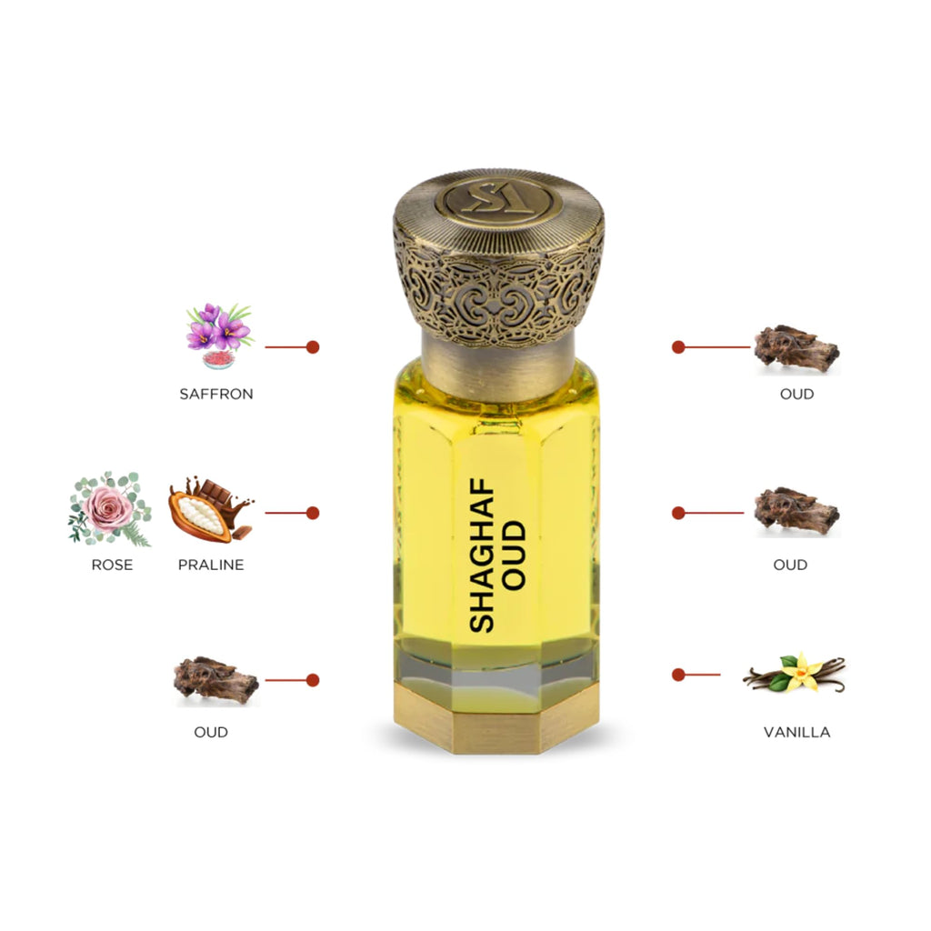 Swiss Arabian Shaghaf Oud - Luxurious Concentrated Perfume Oil - Long Lasting Artisan Perfume with Notes of Saffron, Praline, and Vanilla - 0.4 oz