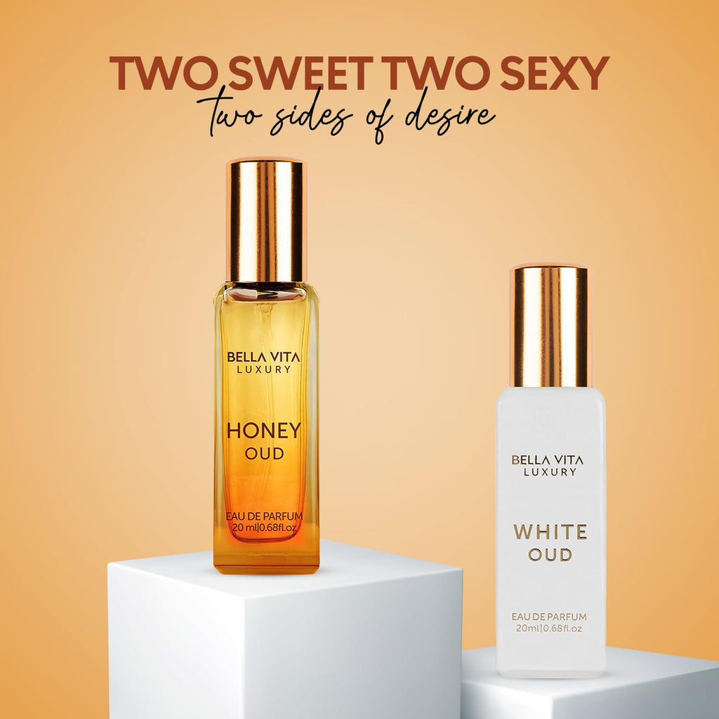 BellaVita Luxury Honey OUD & White OUD Travel Size Edition (20 ml) Perfume | Long-Lasting Mini Perfumes | Notes: Patchouli, Honey, Musk & Amber Notes | Pocket Size Perfume