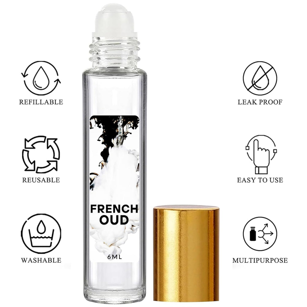 French Oud Pure Perfume Oil, 6ml Glass Bottle with Gold Cap, Leak Proof, Refillable, Reusable, Multipurpose Fragrance for Men, Women