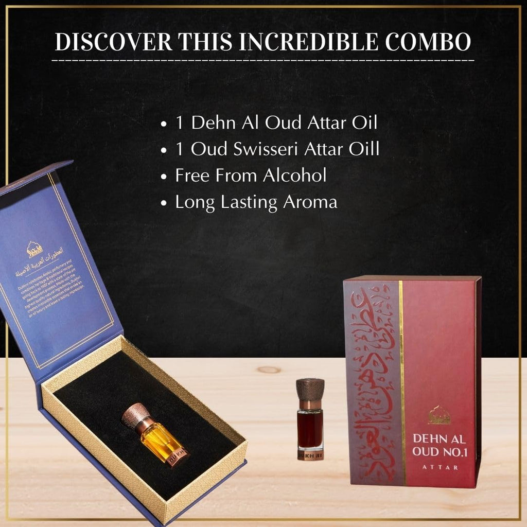 Dukhni Oud Swisseri & Dehn al Oud Attar 6ml Luxury Arabic Perfume Oil & 6ml Smokey Oudh Perfume Oil | Arabian perfume oil for men and women, pure arabic fragrances, Islamic & Eid gifts