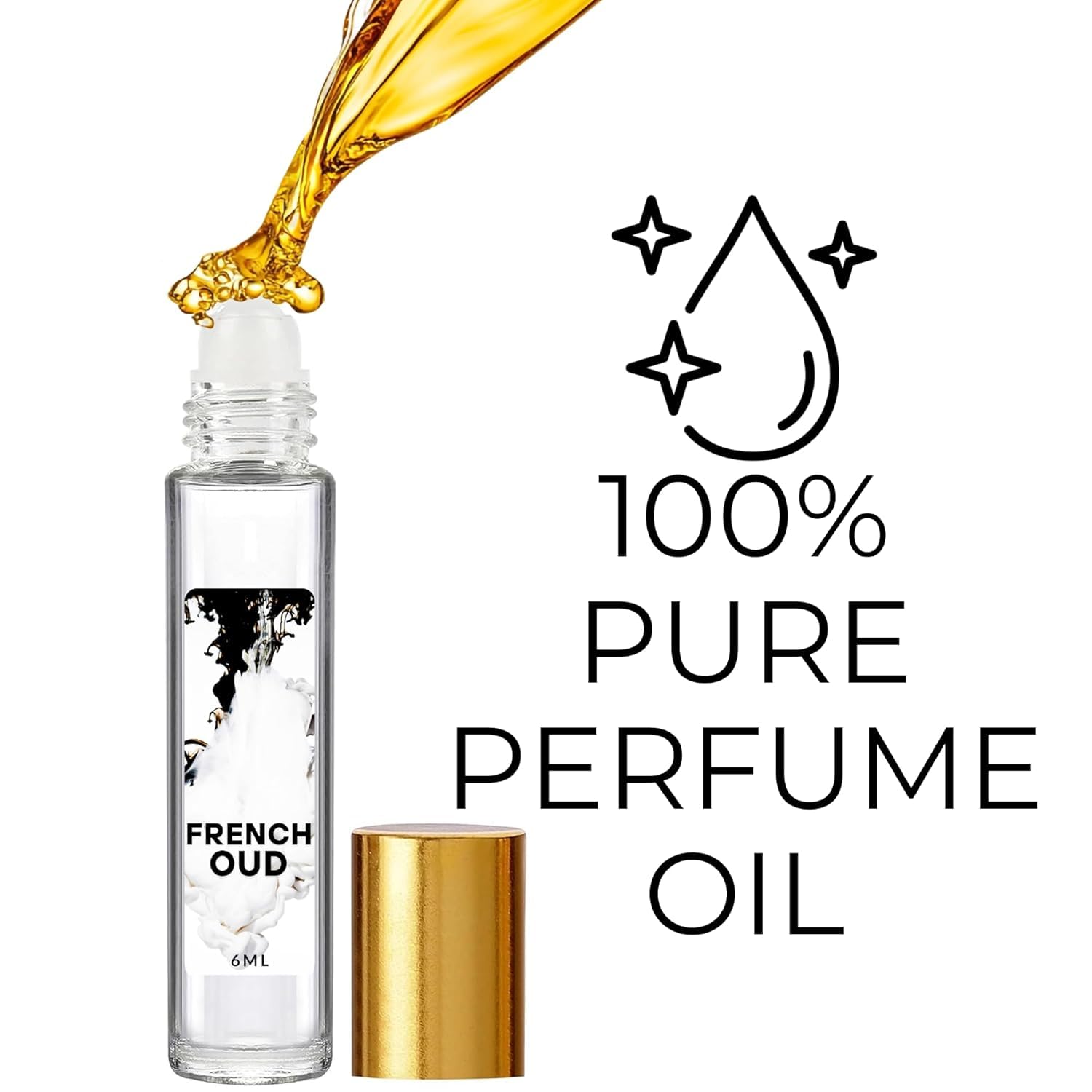 French Oud Pure Perfume Oil, 6ml Glass Bottle with Gold Cap, Leak Proof, Refillable, Reusable, Multipurpose Fragrance for Men, Women