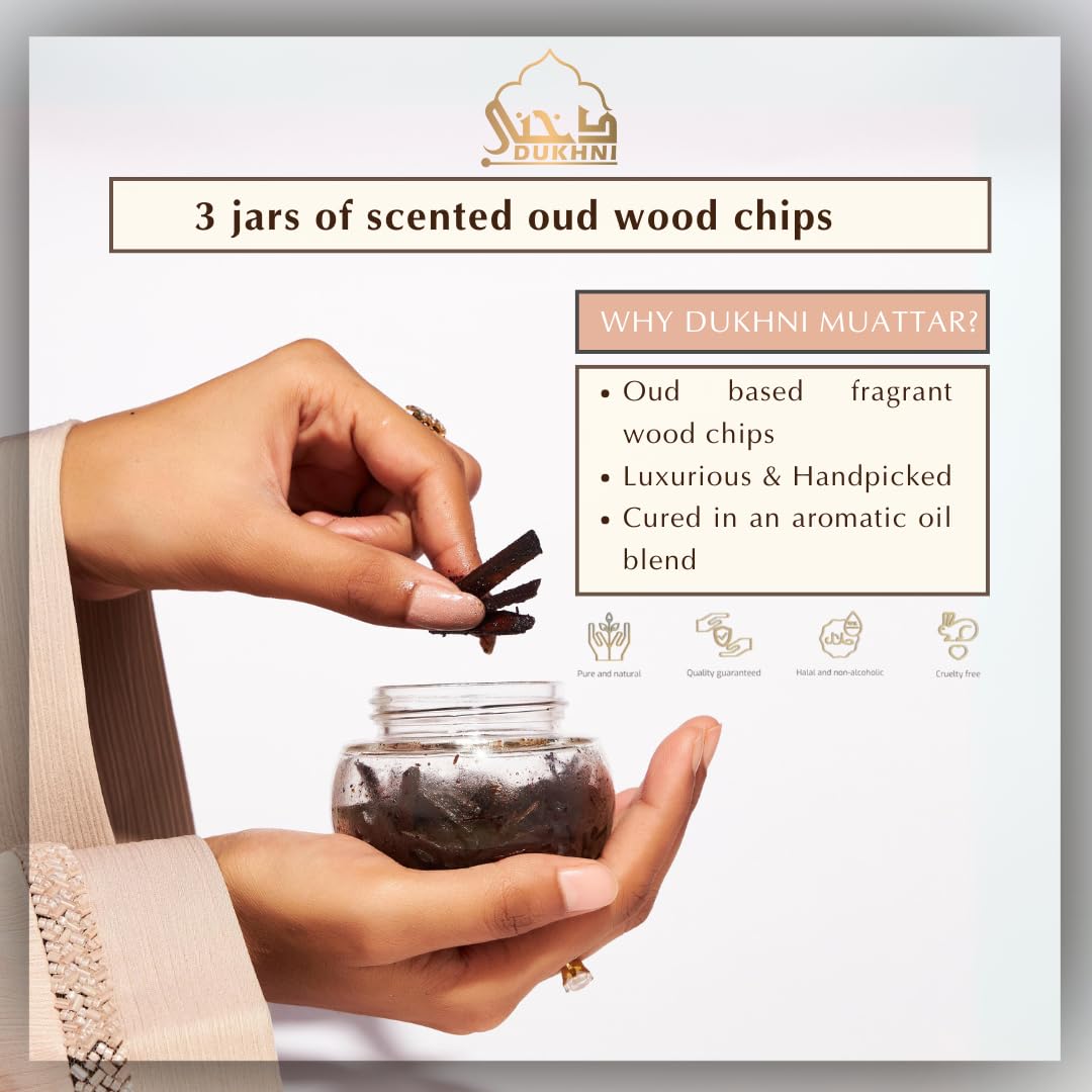 Dukhni Oud Ya Aini, Al Khaleeji, Al Ibtisam Muattar Bakhoor & Oud Al Qamar Attar Al Faraash | 3 Jars x 40g Arabic Oudh Bakhour Incense Wood Chips | 250ml Room Spray, Natural Linen & Bed Mist