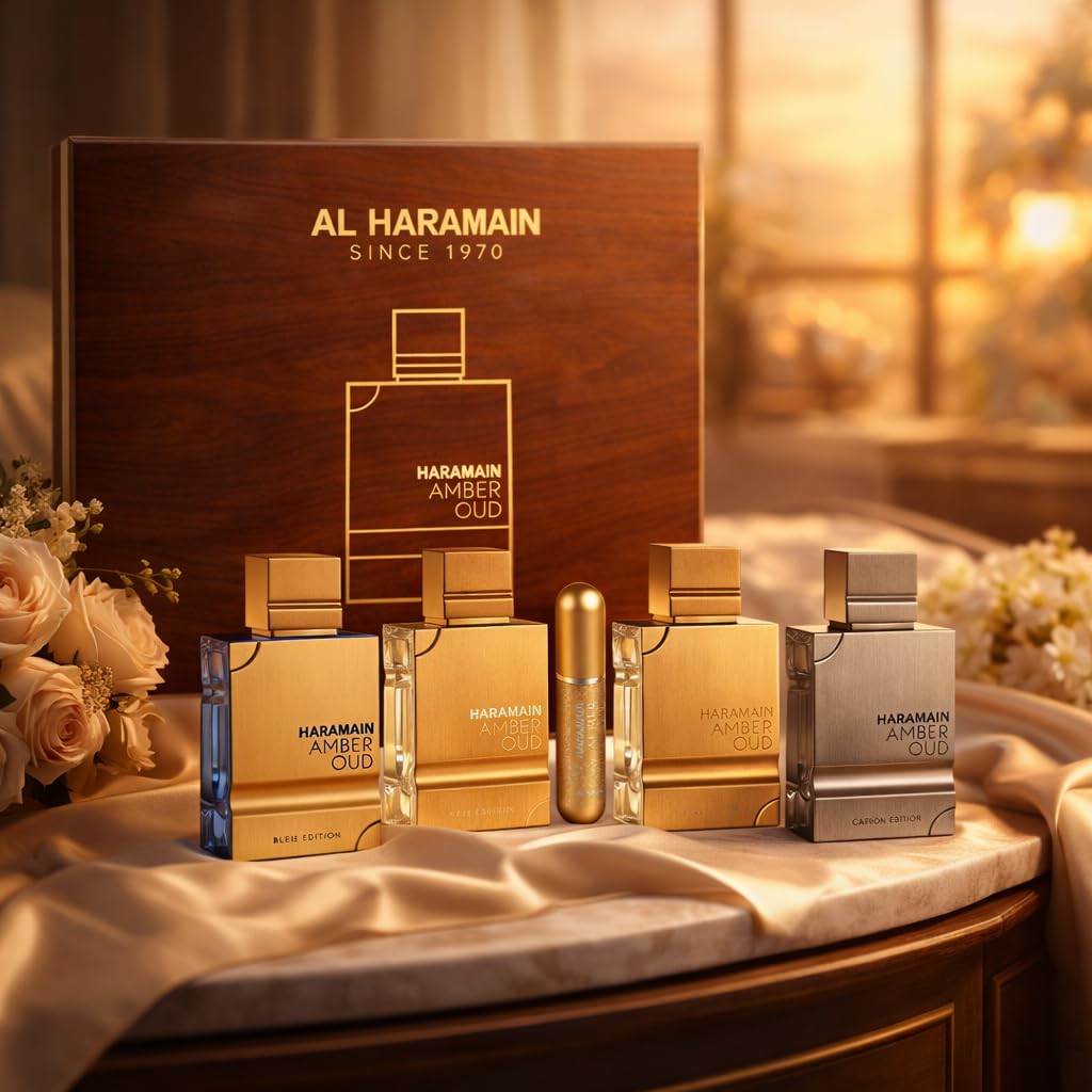 Al Haramain Amber Oud Collection - Gold, Blue, White, Carbon - 4 x 60ml (2.0 oz) EDP Spray - Luxury Unisex Cologne & Perfume Gift Set for Men & Women - Long-Lasting Arabian Fragrance (Bundle)