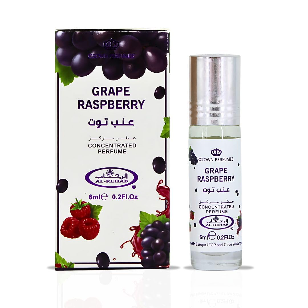 Al-Rehab Grape Raspberry Arabian Perfume Oils for Women 6ML (0.2 OZ) Fragrance Oil - Fruity, Floral & Sweet Concentrated Perfume Oil for a Long-Lasting, Vibrant Scent, Exotic Arabian Fragrance Essence