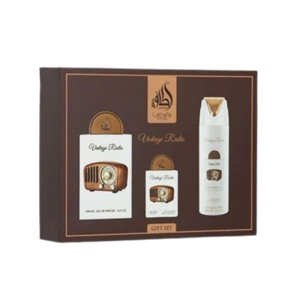 Lattafa Pride Vintage Radio 3-Piece Gift Sets – Long Lasting Arabian Perfume For Men – Eau De Parfum & Perfumed Spray – Perfume Men With Amber, Smoky Woods & Vanilla Notes - Premium Gift Box