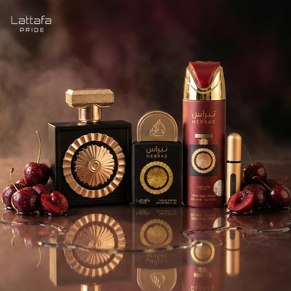 Lattafa Pride Nebras – Fruity, Sweet, Vanilla, Amber – 3-Piece Gift Set for Unisex (3.4 Ounce Eau de Parfum Spray + 0.65 Ounce Eau de Parfum Spray + 6.67 Ounce Deodorant Spray)
