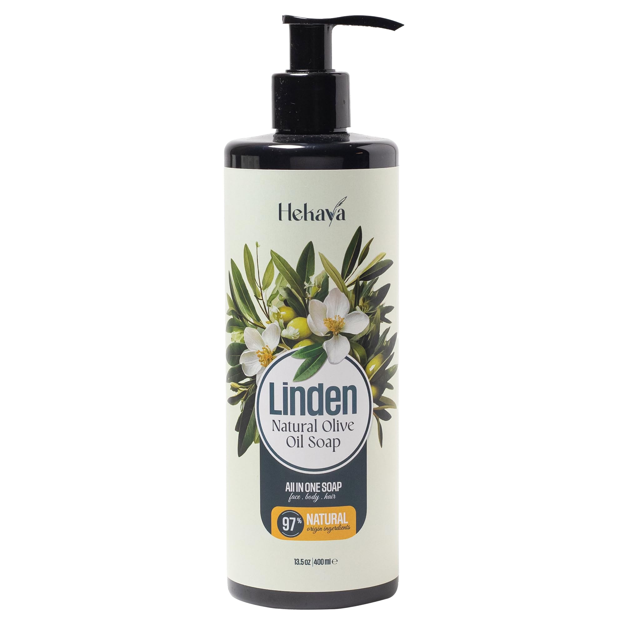 Hekaya Natural Olive Oil Liquid Soap – Linden Scent | Handmade, Vegan, Sulfate & Paraben Free | Gentle Face, Hand & Body Wash | Moisturizing Castile Cleanser | 13.5 fl oz Pump Bottle