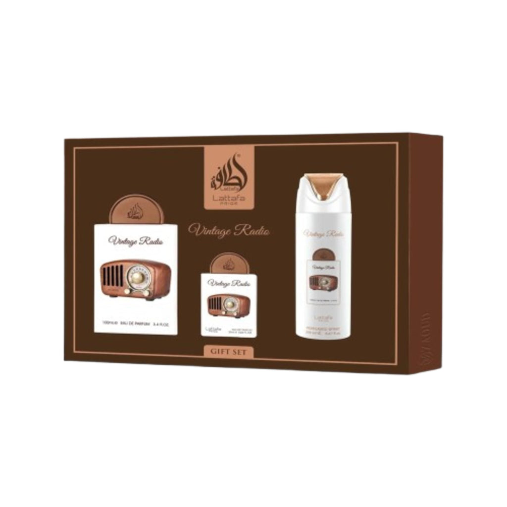 Lattafa Pride Vintage Radio 3-Piece Gift Sets – Long Lasting Arabian Perfume For Men – Eau De Parfum & Perfumed Spray – Perfume Men With Amber, Smoky Woods & Vanilla Notes - Premium Gift Box