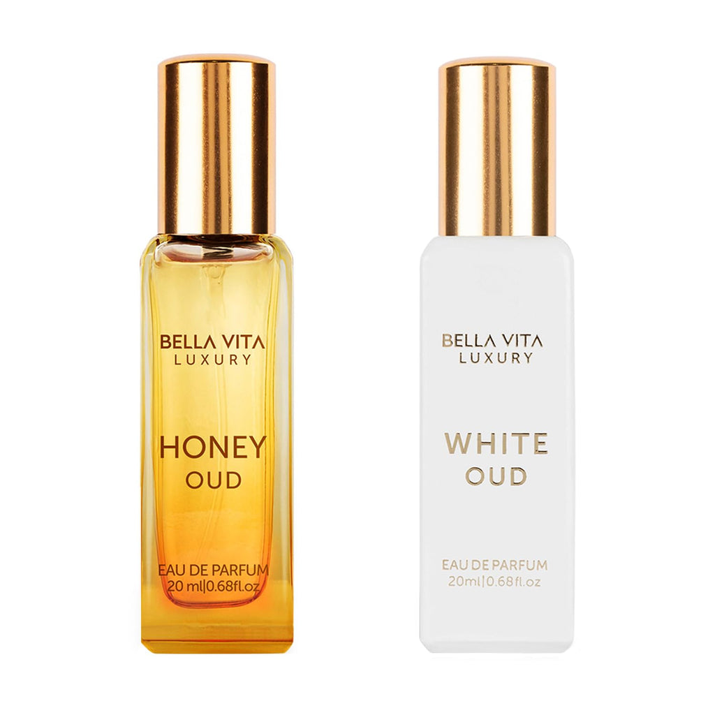 BellaVita Luxury Honey OUD & White OUD Travel Size Edition (20 ml) Perfume | Long-Lasting Mini Perfumes | Notes: Patchouli, Honey, Musk & Amber Notes | Pocket Size Perfume