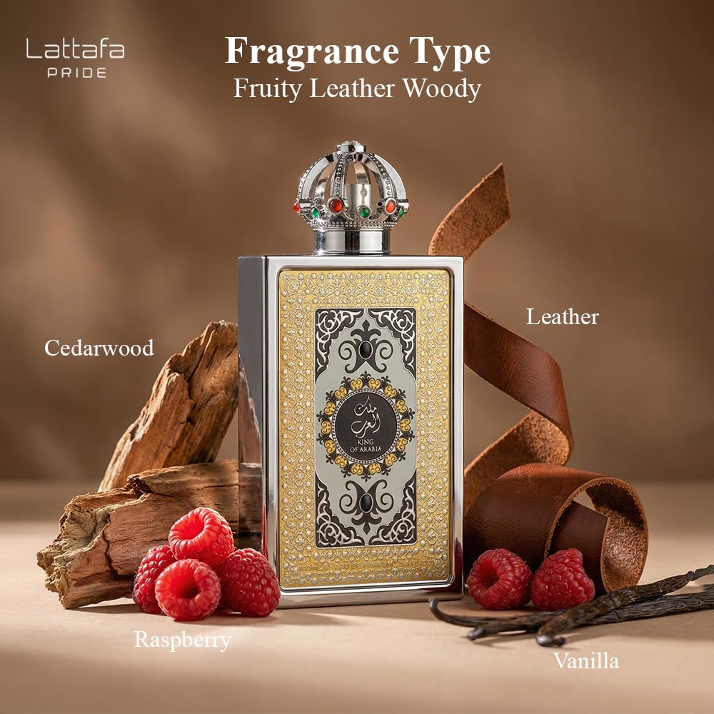 Lattafa Pride King of Arabia – Citrus, Fruity, Woody, Leather – Eau de Parfum Spray Long-Lasting Fragrance for Men, 3.4 Ounce / 100 ml
