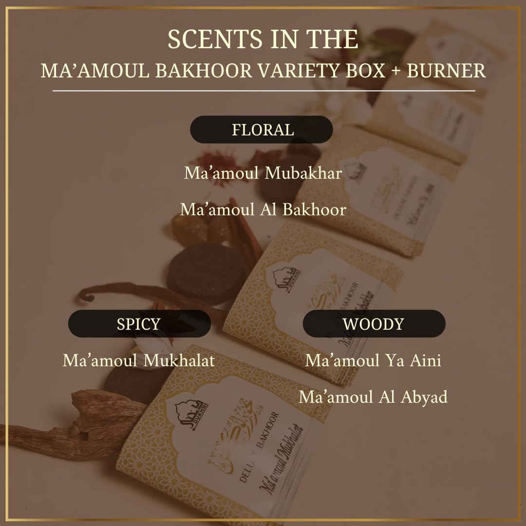 Maamoul Bakhoor Variety Box with Burner & Sandalia Attar by Dukhni | Arabic Incense & Sandalwood Fragrance Oil | Gift Sets | Luxurious Long-Lasting Assorted Scents | العطار العربي | دخني عود بخور