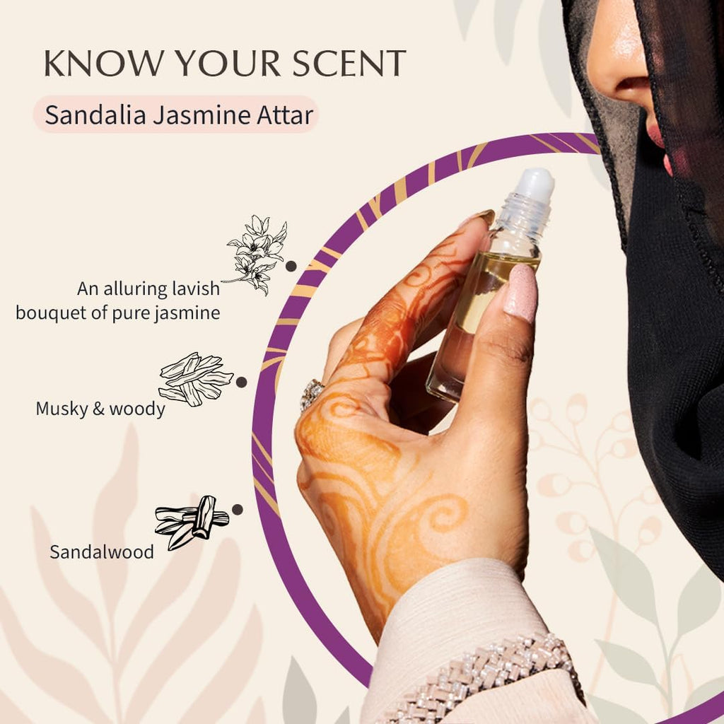 Dukhni Sandalia Jasmine Attar Oil Arabic Perfume Oils for Men and Women 100% Pure Ittar Roll On Perfume, Chandan, Sandal, Sandalwood Oil Eid, Ramadan Gifts & Vegan Islamic Fragrances