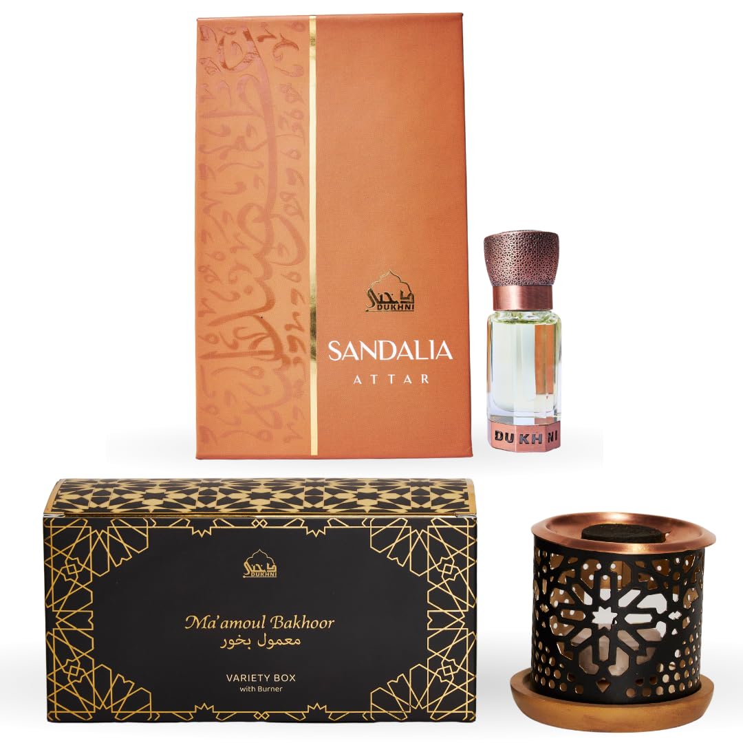 Maamoul Bakhoor Variety Box with Burner & Sandalia Attar by Dukhni | Arabic Incense & Sandalwood Fragrance Oil | Gift Sets | Luxurious Long-Lasting Assorted Scents | العطار العربي | دخني عود بخور