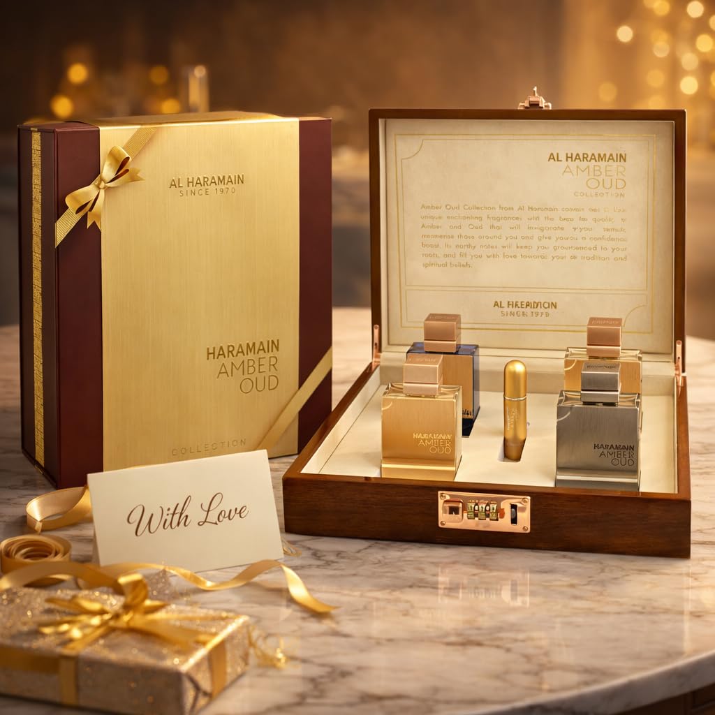 Al Haramain Amber Oud Collection - Gold, Blue, White, Carbon - 4 x 60ml (2.0 oz) EDP Spray - Luxury Unisex Cologne & Perfume Gift Set for Men & Women - Long-Lasting Arabian Fragrance (Bundle)