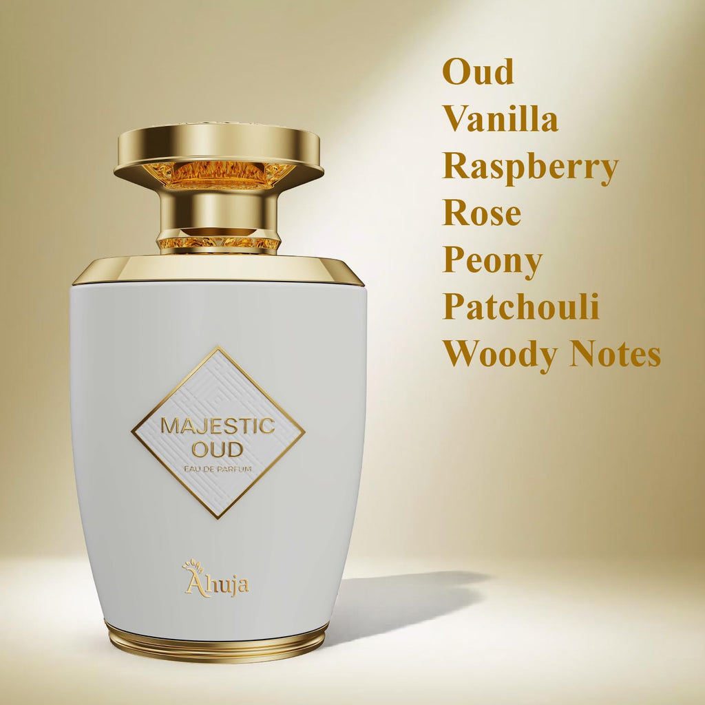 AHUJA Majestic Oud Eau De Parfum 3.4 fl oz – Unisex Perfume for Men & Women, Long Lasting Luxury Fragrance with Oud, Vanilla, Raspberry, Rose, Peony, Patchouli & Woody Notes – Elegant Gift Scent