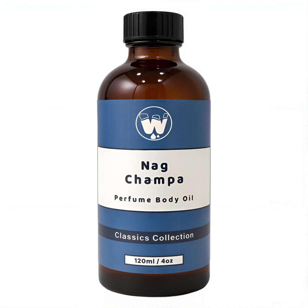 WagsMarket - Nag Champa Perfume Oil, from 0.33oz Roll On to 4oz Glass Bottle (4oz Glass Bottle)