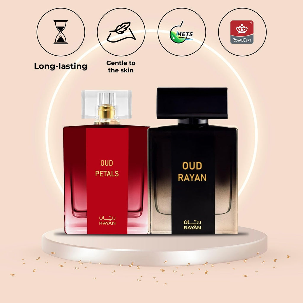 RAYAN Oud Perfume Bundle - Long Lasting Arabian Eau De Parfum 100mL (3.34 Fl oz) Each, Modern Arabian Fragrances with Oud, Sandalwood, Rose, Musk, Jasmine & More - Ideal Valentine's Day Gift Set