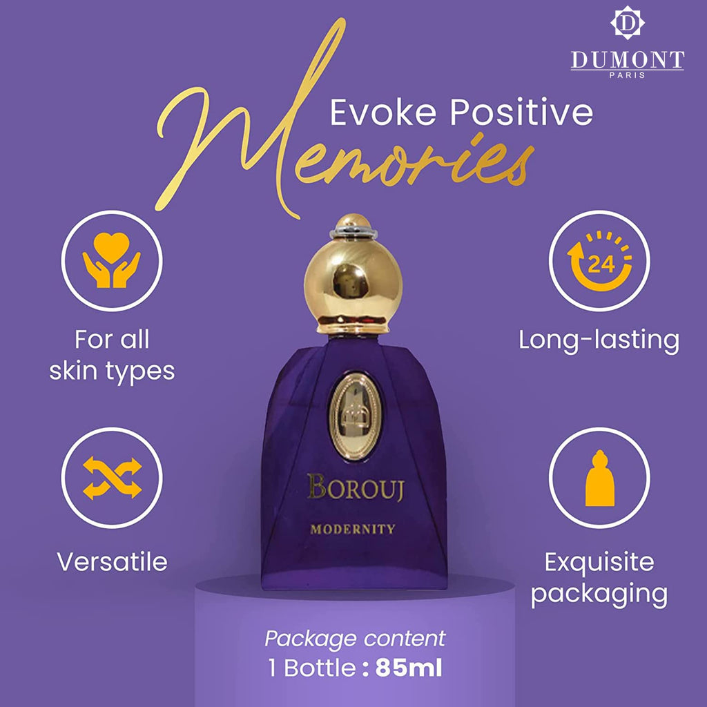 Dumont BOROUJ MODERNITY - 85ml Travel Size - Arabian-Inspired Unisex Perfume for Men & Women - Citrus, Floral, Fruity, Amber & Wood Fragrance - Long Lasting Cologne Mist & Body Spray
