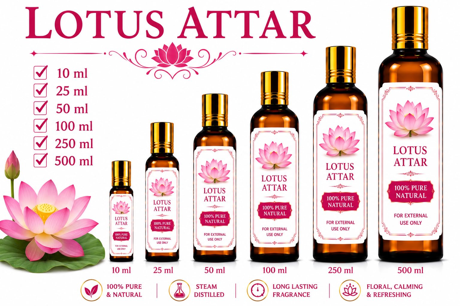 Ganesha Arts Lotus Attar Perfume Oil | Premium Alcohol Free Fragrance, 10 ML
