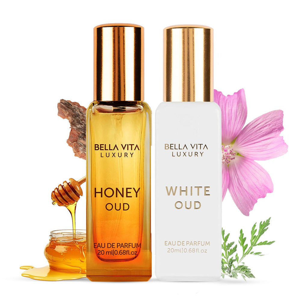 BellaVita Luxury Honey OUD & White OUD Travel Size Edition (20 ml) Perfume | Long-Lasting Mini Perfumes | Notes: Patchouli, Honey, Musk & Amber Notes | Pocket Size Perfume
