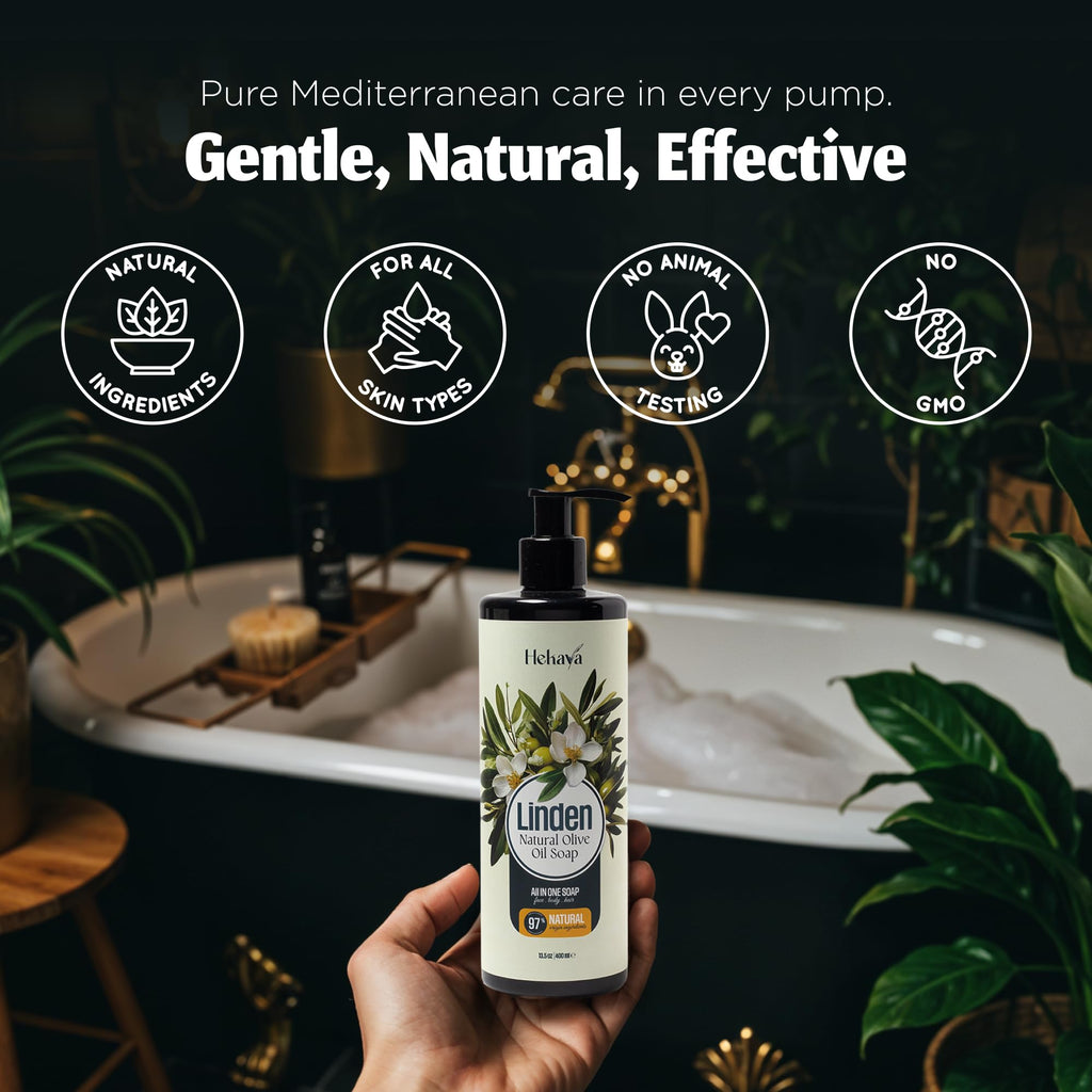 Hekaya Natural Olive Oil Liquid Soap – Linden Scent | Handmade, Vegan, Sulfate & Paraben Free | Gentle Face, Hand & Body Wash | Moisturizing Castile Cleanser | 13.5 fl oz Pump Bottle