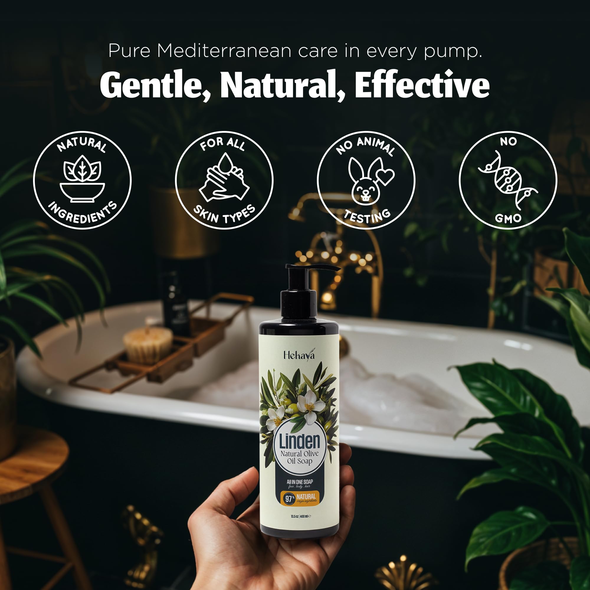 Hekaya Natural Olive Oil Liquid Soap – Linden Scent | Handmade, Vegan, Sulfate & Paraben Free | Gentle Face, Hand & Body Wash | Moisturizing Castile Cleanser | 13.5 fl oz Pump Bottle