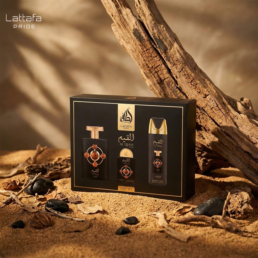 Lattafa Pride - Al Qiam Gold for Men - 3 Pc Gift Set 3.4oz EDP Spray, 6.67oz Perfumed Body Spray, 0.67oz EDP Spray