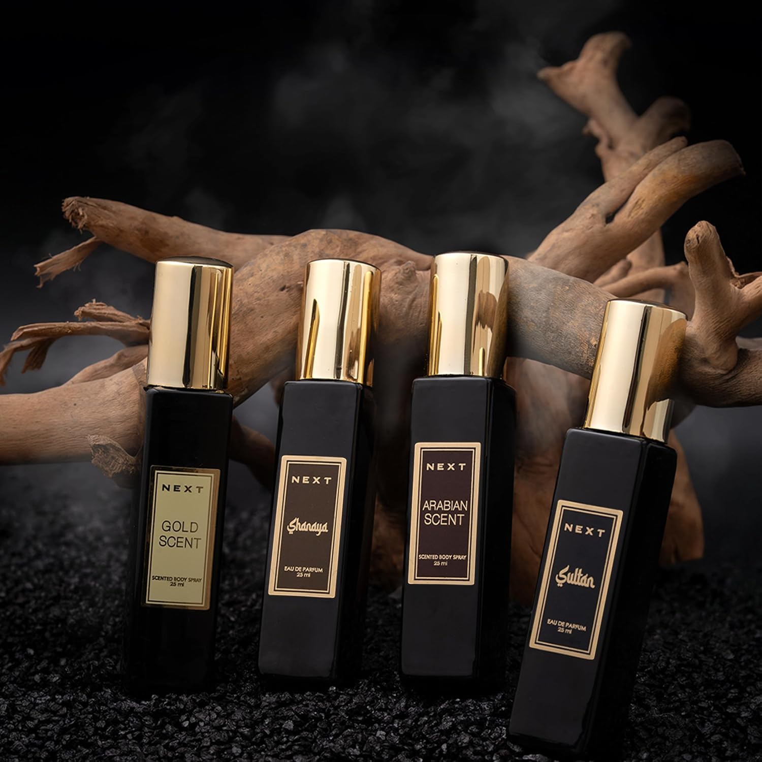 Next Care Sultan, Arabian Scent, Gold Scent & Shanaya Eau de Parfum – 25 ml Each (Pack of 4) | Long Lasting Scented Body Spray Set with Mineral Woody, Oud Rich Spicy, Amber & Floral Notes |