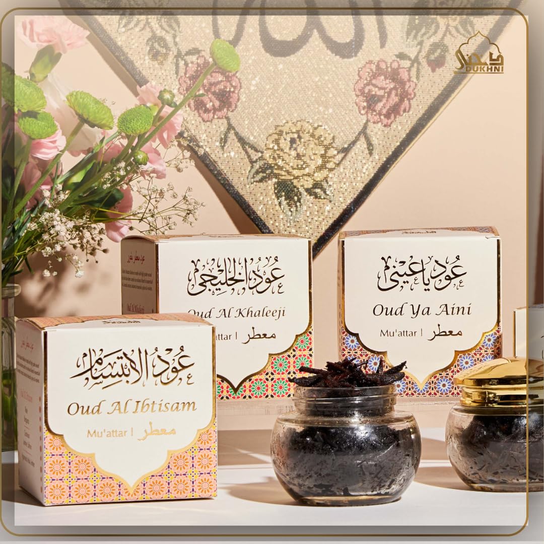 Dukhni Oud Ya Aini, Al Khaleeji, Al Ibtisam Muattar Bakhoor & Oud Al Qamar Attar Al Faraash | 3 Jars x 40g Arabic Oudh Bakhour Incense Wood Chips | 250ml Room Spray, Natural Linen & Bed Mist