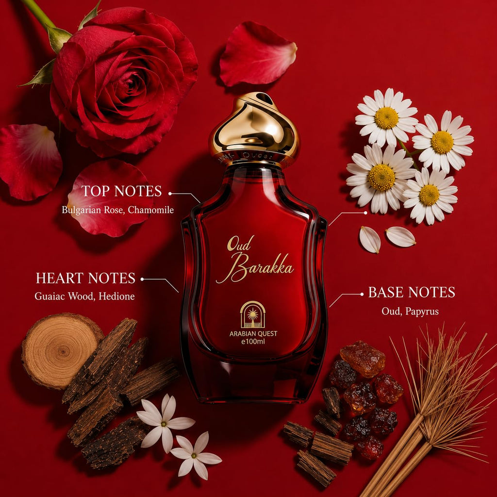ARABIAN QUEST OUD BARAKKA Extrait de Parfum 100ml (3.3 Fl Oz) | Long-Lasting Niche Unisex Floral Woody Oriental Fragrance with Bulgarian Rose, Guaiac Wood & Agarwood